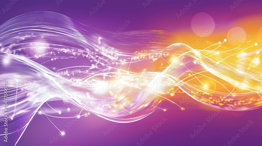 Poster dynamic wave of vibrant colors and light in a purple and orange gradient background with flowing eff