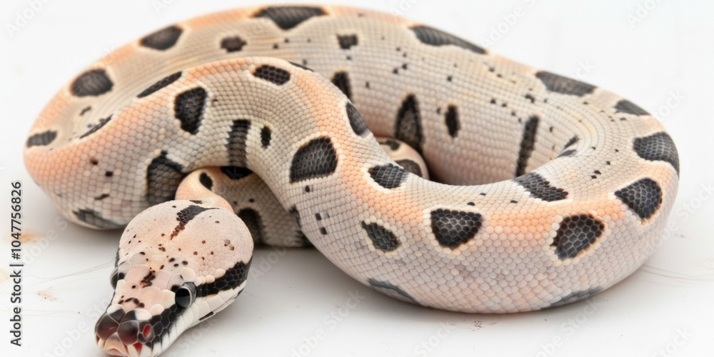 Poster black headed python rests in a coiled position showcasing its striking dark head and patterned body 