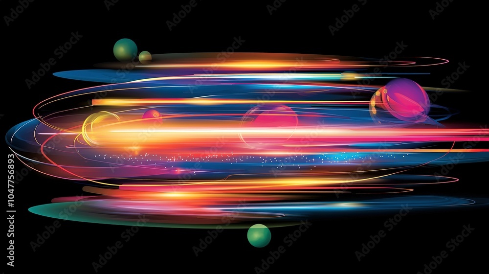 Poster colorful abstract representation of cosmic motion with planets and swirling light in a dark space ba
