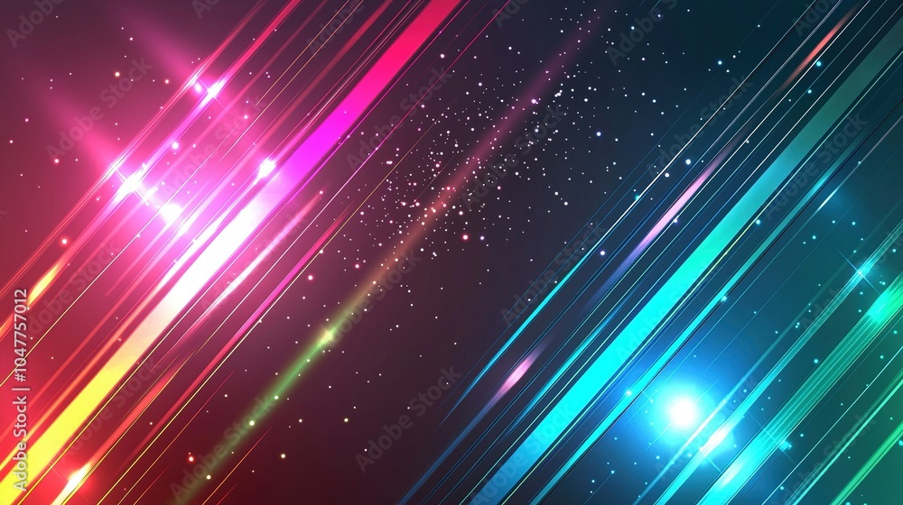 Poster colorful abstract background with vibrant beams of light and glowing particles creating a dynamic an