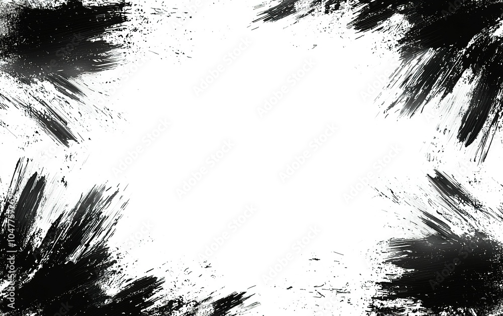 Poster abstract black and white brush strokes create a bold artistic frame with a blank center suitable for