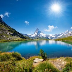 the blue lake and the matterhorn in a scenic summer landscape with sunny lights seen from breuil cervinia aosta valley italy
