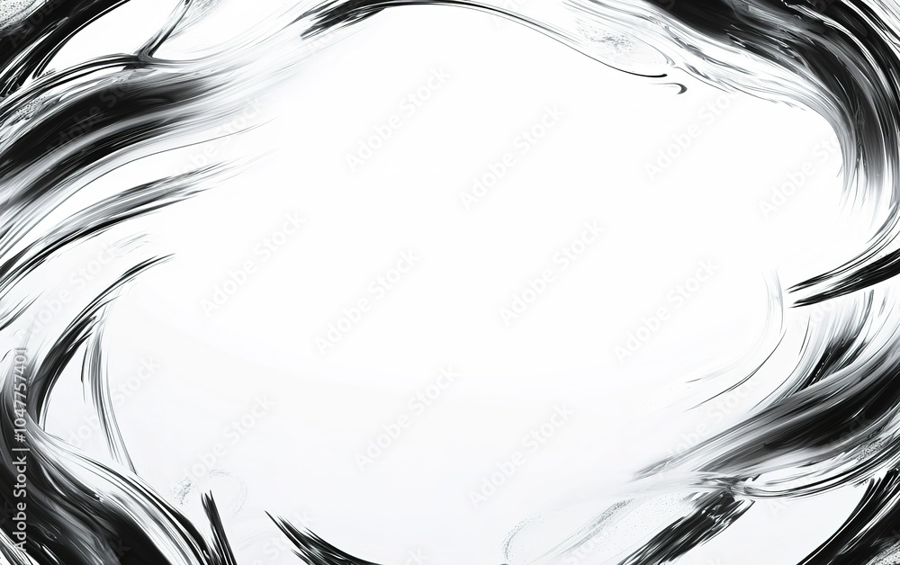 Poster Abstract black and white swirling brush strokes creating an empty center space for artistic expression and design