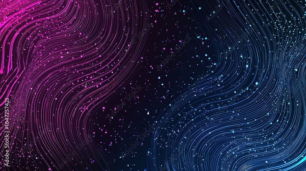 Poster Digital abstraction with flowing lines and particles in pink and blue against a black background