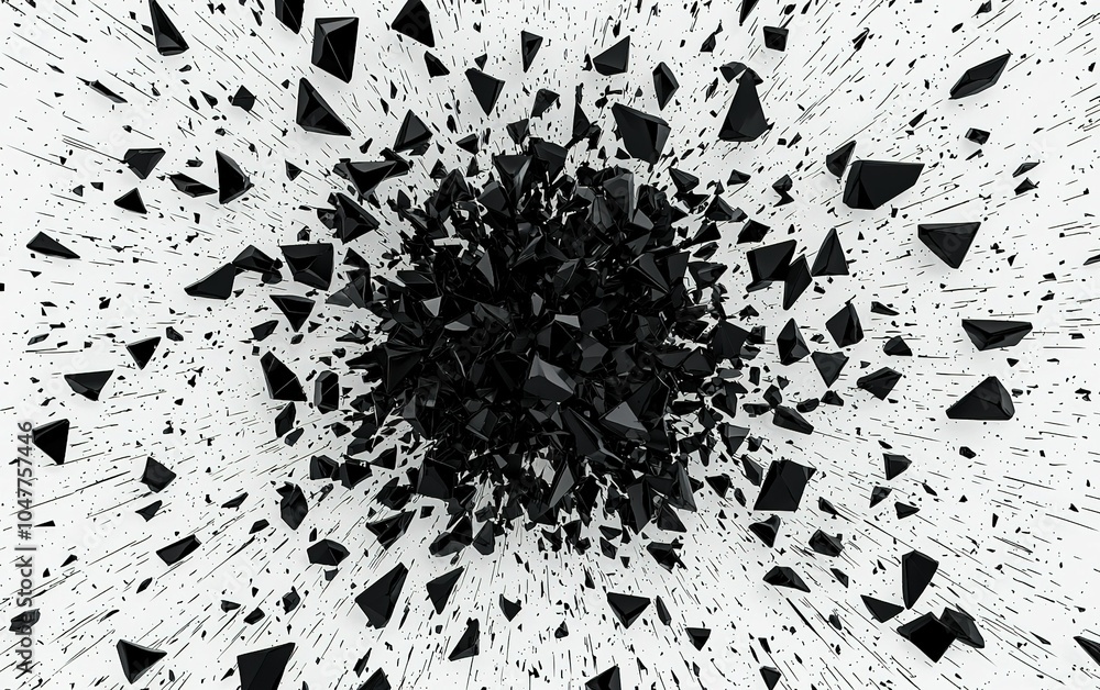 Aufkleber dynamic explosion of black shards dispersing in all directions against a bright white background, cr