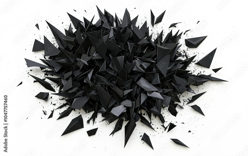 Poster black shards of material scattered on a white surface create a striking visual contrast and an intri