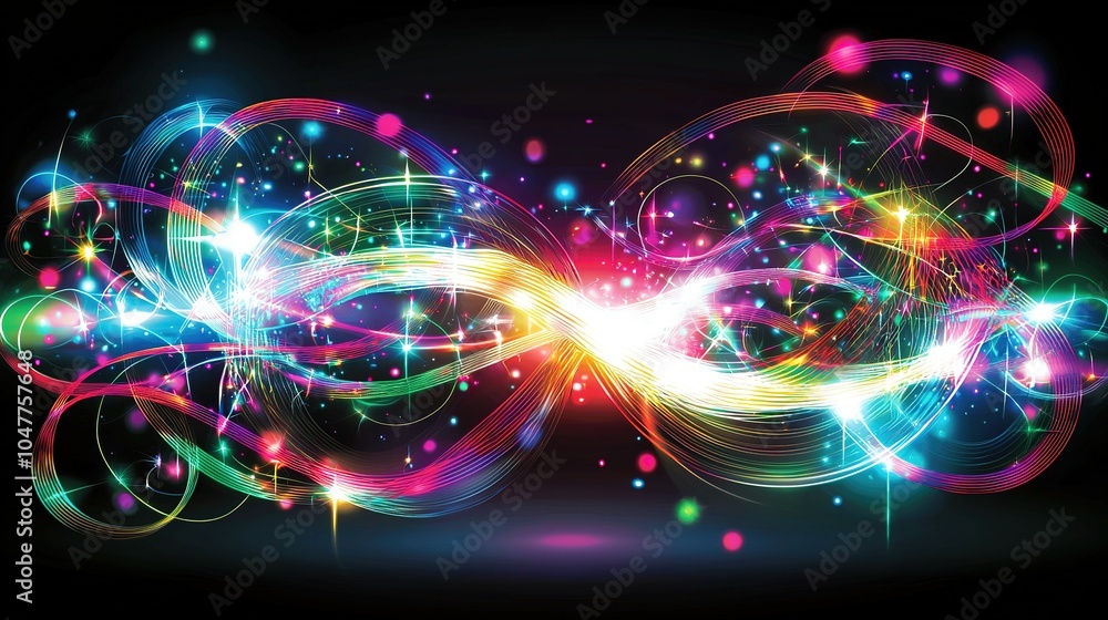 Aufkleber colorful abstract design with swirling patterns and luminous sparkles in a black background, represe