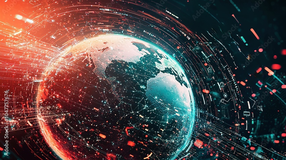 Poster a futuristic digital representation of earth with glowing lines and data streams highlighting global