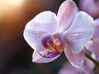 A close-up image of a stunning pink orchid with intricate speckled petals and water droplets, capturing the delicate beauty and elegance of nature's design.