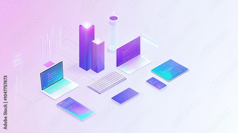 Poster digital workspace with multiple devices connected to a cloud network in futuristic style showing vib