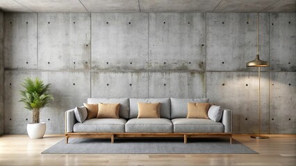 Symmetrical contemporary lounge with smooth concrete minimalistic style cozy couch