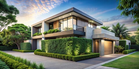 Fototapeta premium Symmetrical contemporary house on corner lot with lush foliage