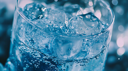 Refreshing Sparkling Water with Ice Cubes in Glass