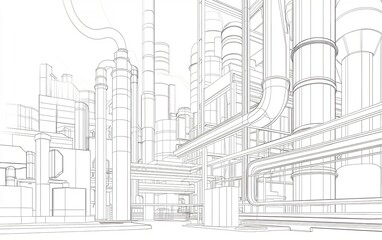 Obraz premium Detailed outline of a complex industrial pipeline structure in a manufacturing facility during daylight