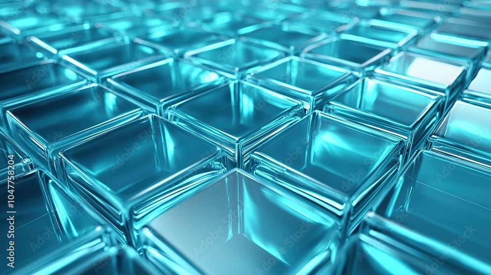 Aufkleber close-up view of translucent blue glass tiles arranged in a geometric pattern, creating a modern aes