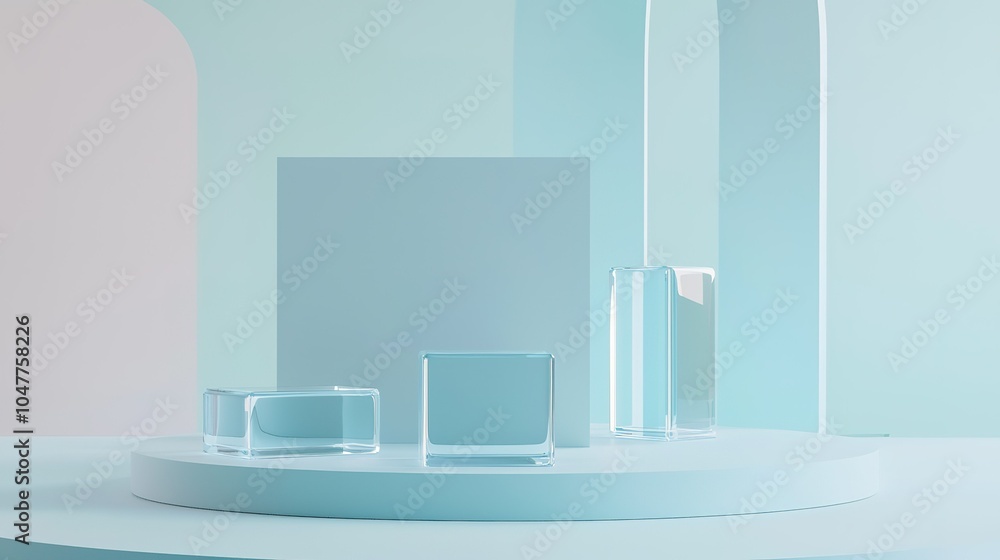 Poster minimalist display of clear glass cubes and rectangles on a soft pastel background in a modern art s