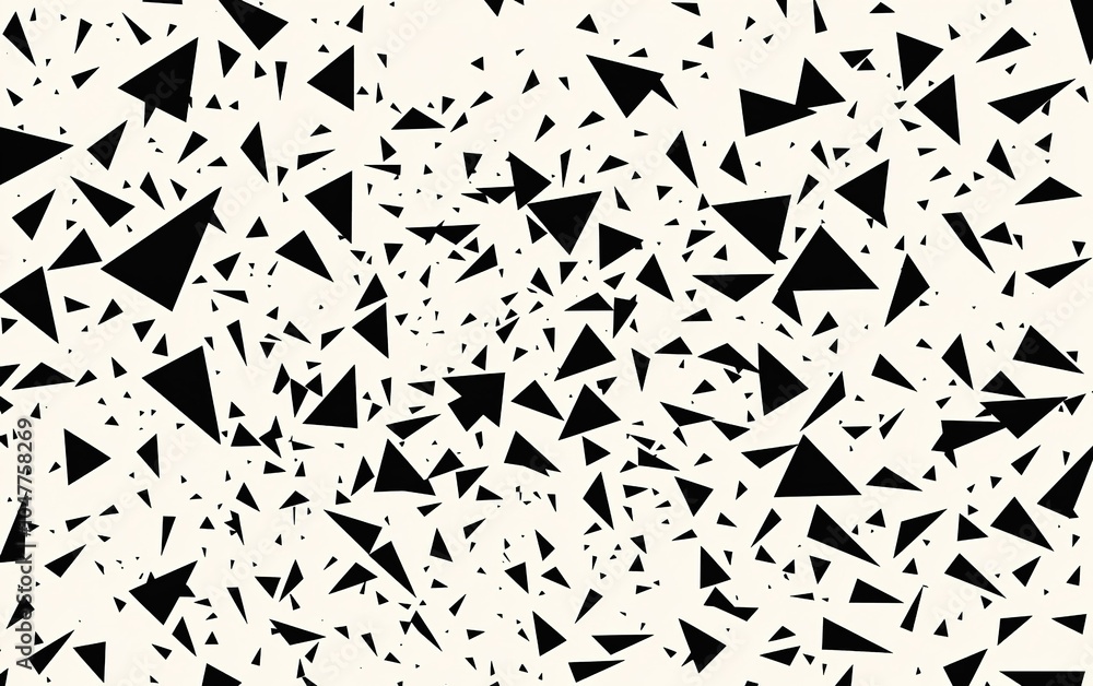 Poster abstract black and white geometric pattern featuring numerous triangles scattered across a light bac
