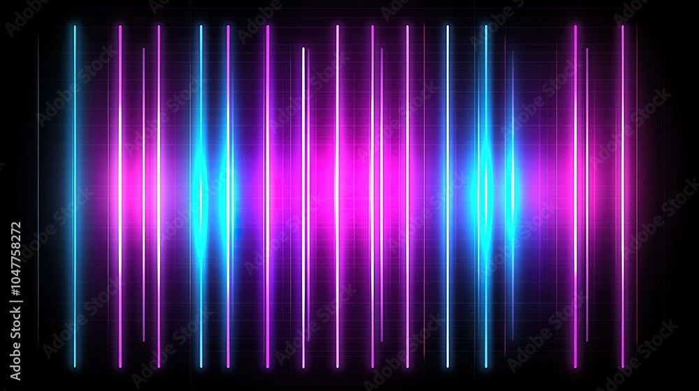 Poster a vibrant audio wave graphic featuring neon colors in a symmetrical pattern on a dark background for