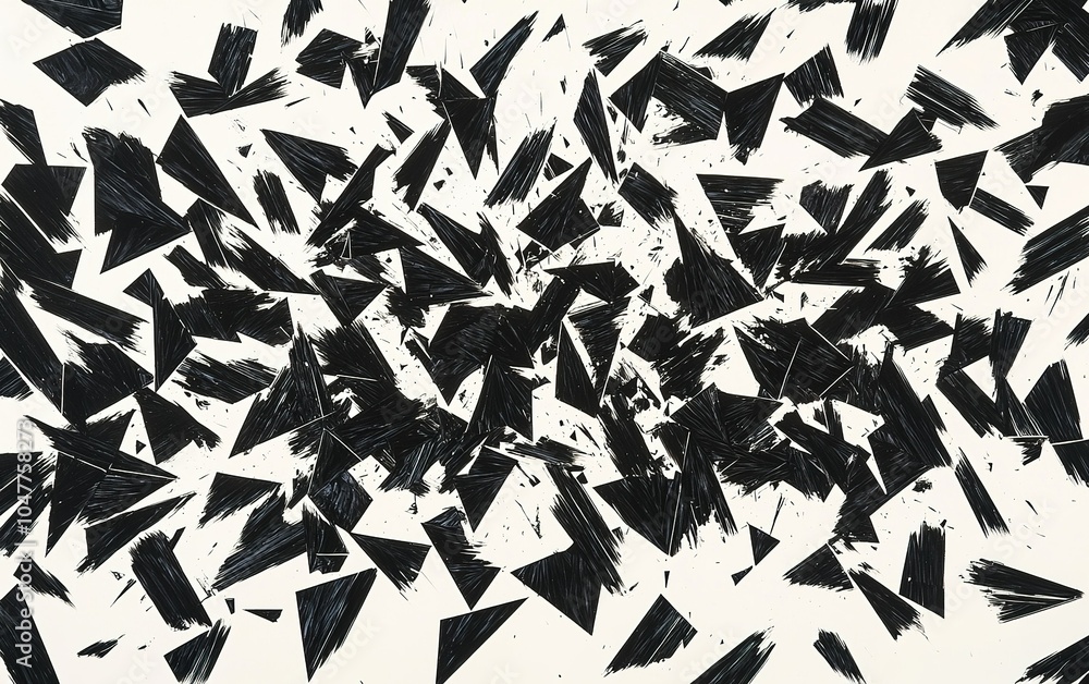 Poster abstract composition of black geometric shapes scattered on a white background showcasing dynamic de