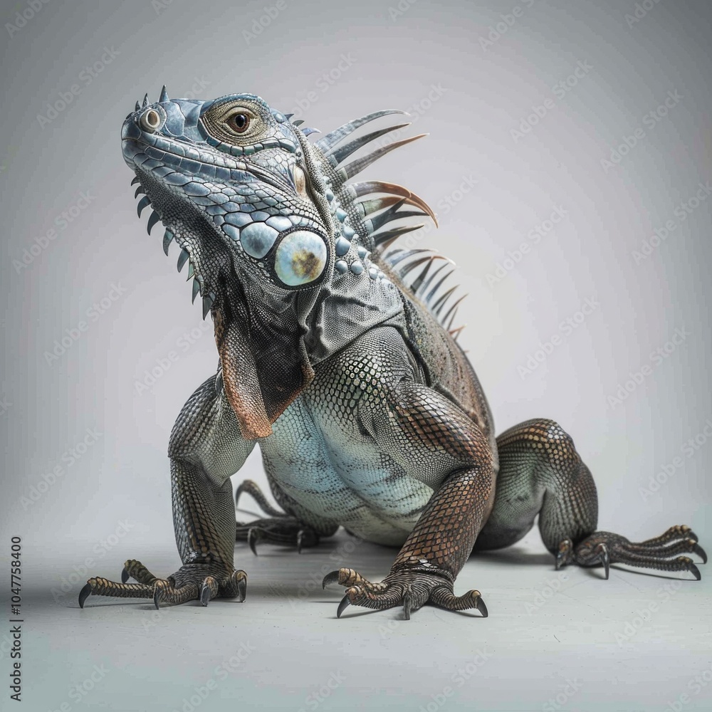 Poster blue iguana stands alert with striking blue scales highlighted against a pure white background creat