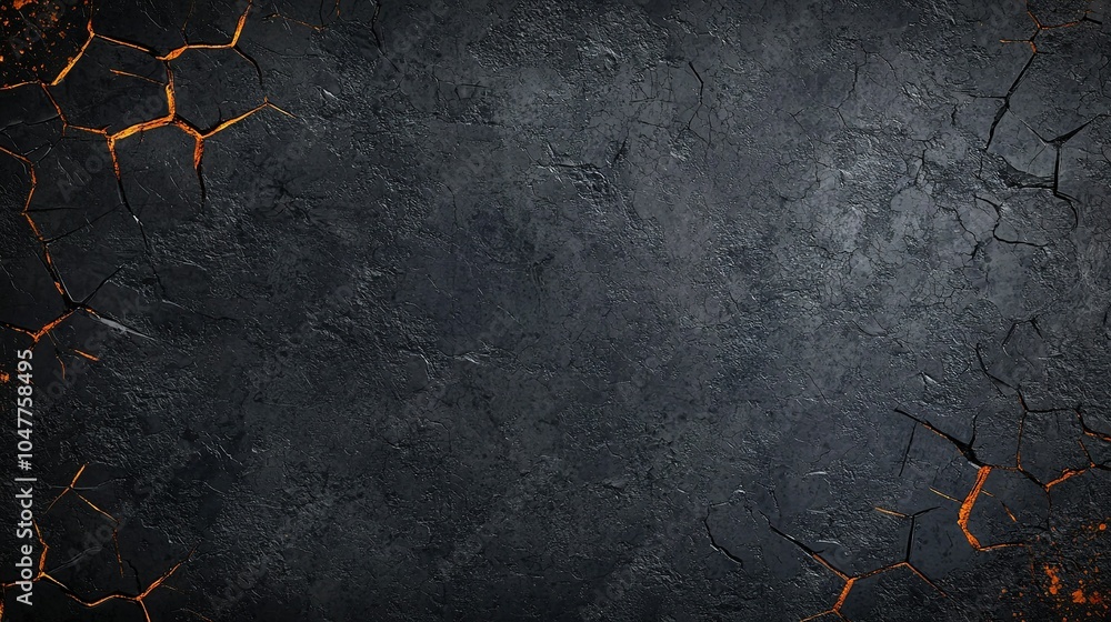 Poster cracked black surface with glowing fissures creating a dramatic and textured background ideal for va