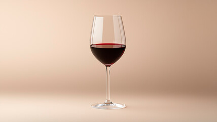 A single glass of red wine on a neutral beige background, illuminated by soft studio light.