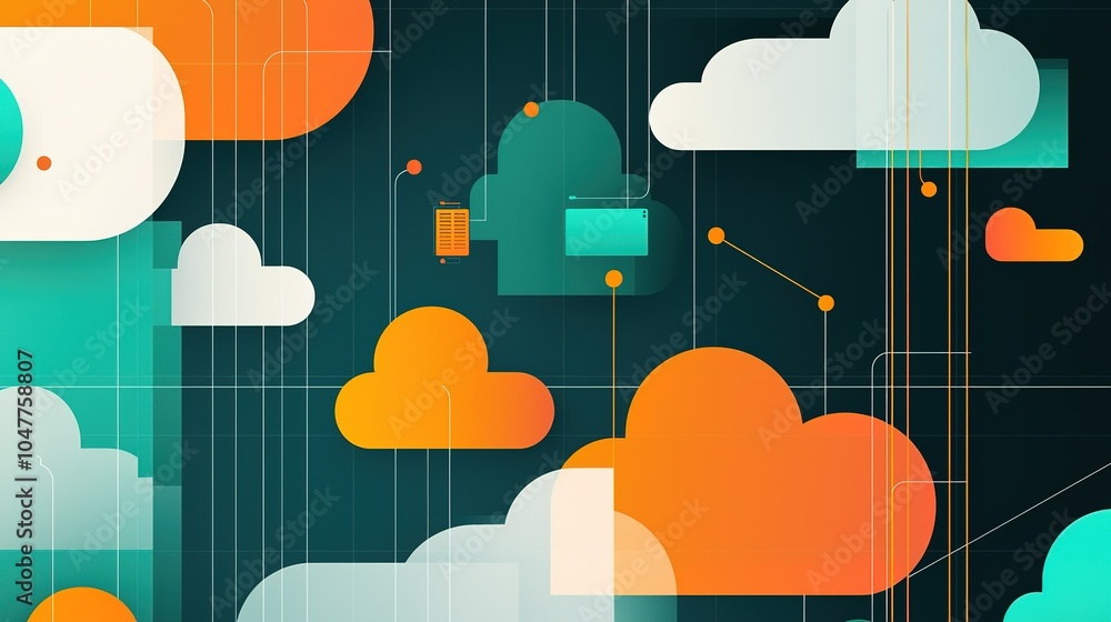 Poster digital cloud computing abstract design featuring colorful clouds and data connections on a dark bac