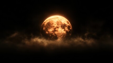 A large, bright, orange full moon peeks through dark, billowing clouds in the night sky.