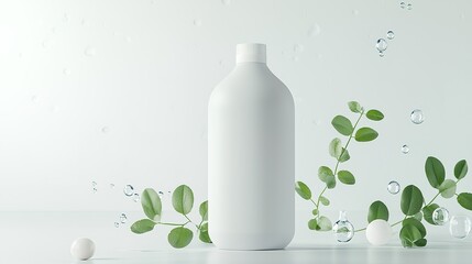 Minimalist white bottle surrounded by green leaves and water droplets on a clean, bright background in a serene setting