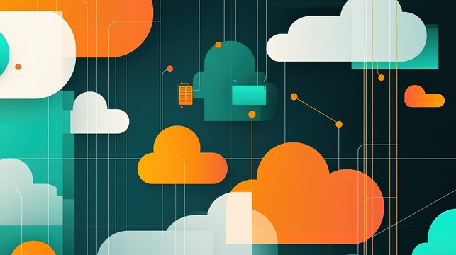 Digital cloud computing abstract design featuring colorful clouds and data connections on a dark background