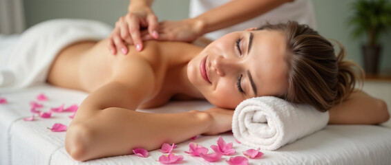 A serene spa setting featuring a woman enjoying a relaxing massage surrounded by aromatic rose petals. The ambience suggests tranquility, wellness, and rejuvenation, highlighting the soothing benefits