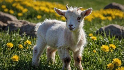 Obraz premium Adorable Baby Goat in Flowering Field