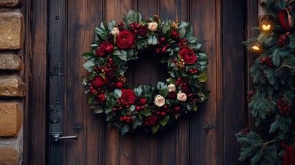 A festive Christmas wreath with red roses and berries hangs on a rustic wooden door.