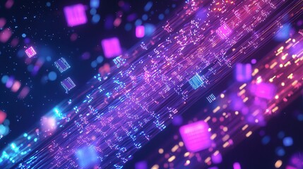 Fototapeta premium Colorful abstract digital data stream with glowing particles swirling through a dark background, creating a vibrant atmosphere