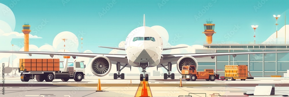 Poster a cargo airplane is positioned on the runway, with loading and unloading equipment actively engaged 