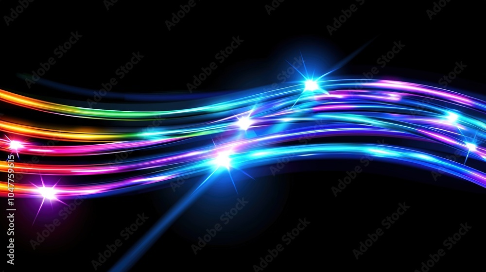 Poster vibrant light trails in a swirling pattern against a dark background showcasing color and movement