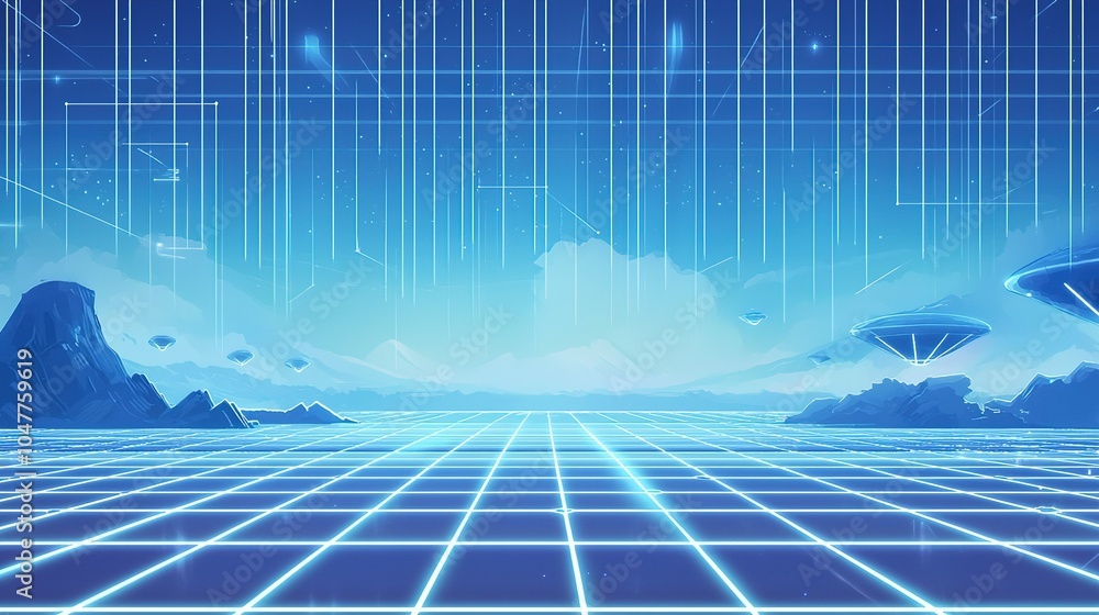Aufkleber a futuristic landscape with glowing grid lines and hovering structures under a starry sky at twiligh