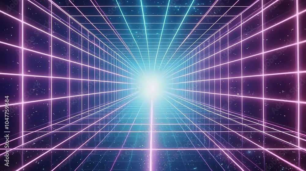 Poster a futuristic digital tunnel illuminated by glowing neon lines and stars, creating a mesmerizing effe