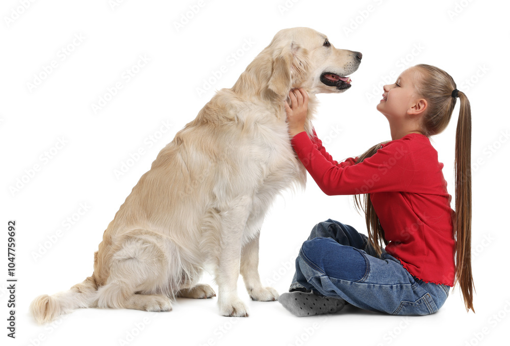 Wall mural girl with her cute golden retriever dog on white background