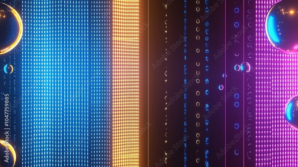 Poster colorful abstract background with vibrant lights and bubbles, showcasing rhythmic patterns and dynam