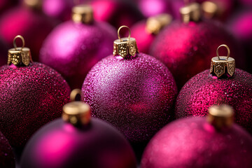 Shiny purple Christmas ornaments arranged closely together, reflecting warm light in a festive holiday setting