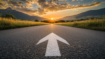 Asphalted Road Leading Upwards with White Arrow at Sunset