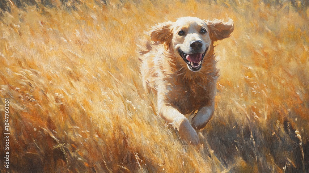 Poster golden retriever running through a field of tall grass with his tongue out and ears flapping in the 
