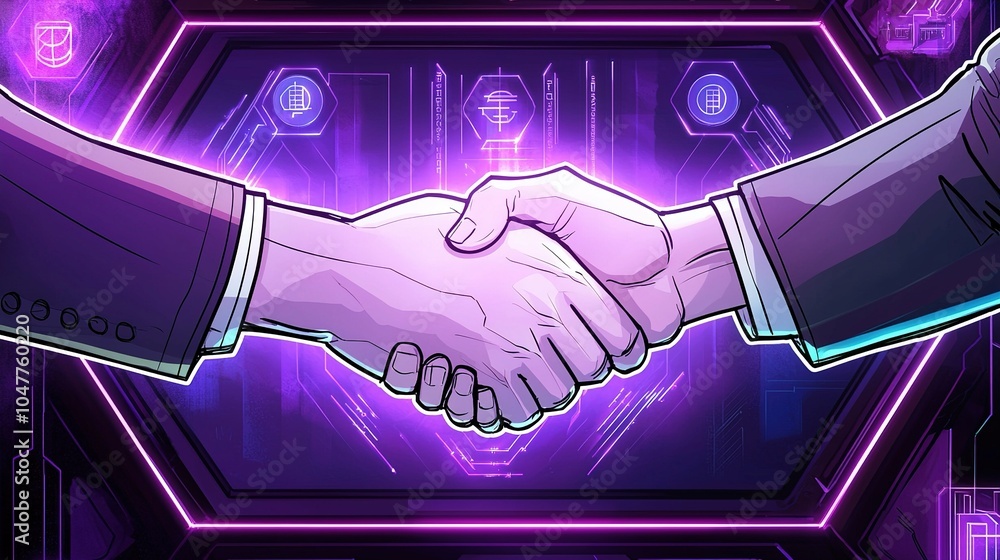 Poster digital handshake symbolizing collaboration in technology-driven environments during the modern era