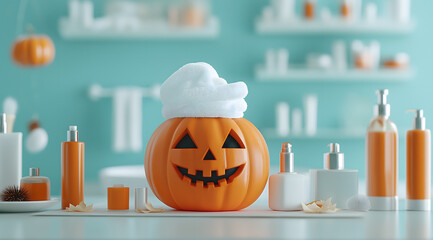 Pumpkin with an orange face and white towel on its head, surrounded by beauty products on a bathroom counter with a light blue background. Halloween beauty ad concept.

