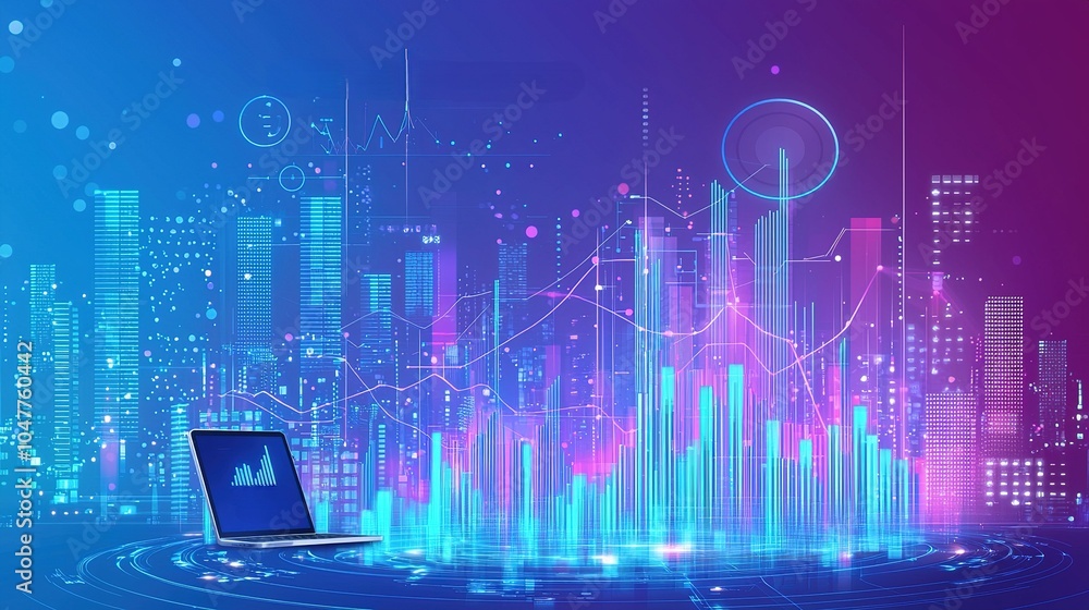 Poster a vibrant digital skyline with data visualization and analytics on a laptop in the foreground showca