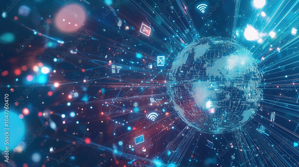 Poster digital representation of earth surrounded by glowing data connections in a futuristic setting at ni