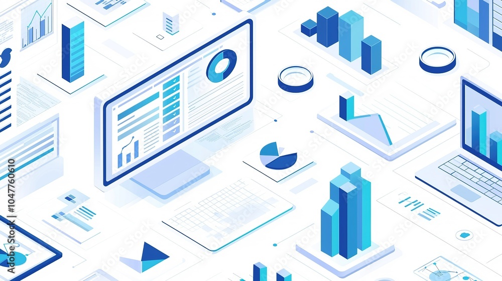 Poster data visualization display with graphs, charts, and reports on various devices in a modern workspace