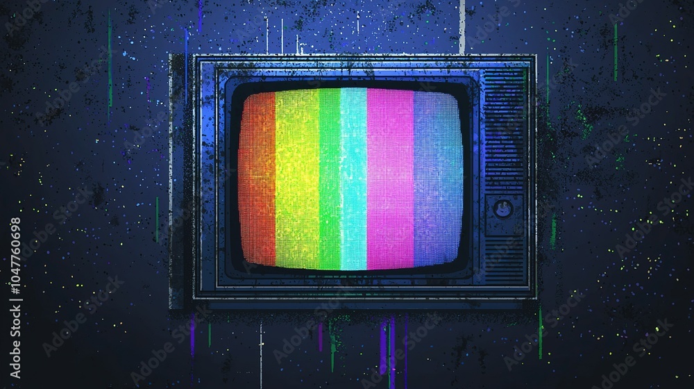 Poster vintage television displaying colorful static against a dark background with abstract patterns and v