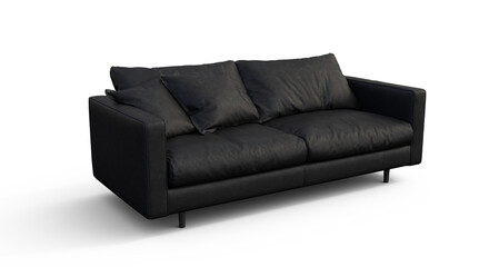 Black Leather Sofa Render isolated PNG on transparent background with shadow advertising